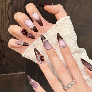 Lange stiletto kunstnagels met cat-eye effect in paars en bruin met edelstenen