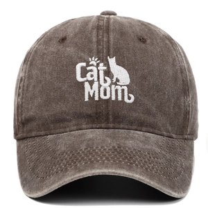 Detailed close-up of Cat Mom embroidery on vintage washed cotton baseball cap