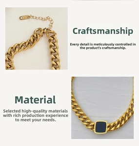 Macro detail of chunky gold chain with black square pendant and lobster clasp closure