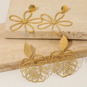 Boucles d'oreilles Pendantes en Acier Inoxydable Feuille de Monstera Fleur Creuse pour Femmes Vintage Or Argent Plaqué Texture Martelée