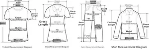 Detailed sizing guide showing measurement points for linen tops, dresses, and trousers