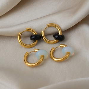 18K gold plated stainless steel hoop earrings with black and white stone charms