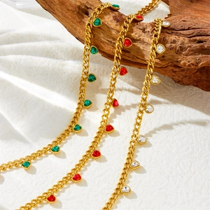 Stainless Steel Cuban Chain Necklace For Women With Gold Plated Heart Shaped Rhinestone Pendants Fashion Jewelry