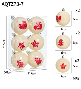 Size specifications for cream Christmas ornaments with red star, heart, and tree patterns