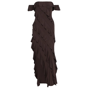 Detailed view of layered ruffles and off-shoulder neckline on a dark brown maxi dress