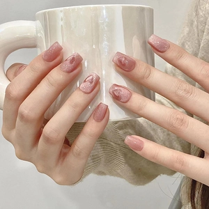Cat Eye Heart Press On Nails Short Square Shimmering Pink Ice Transparent False Nail Patches For Women