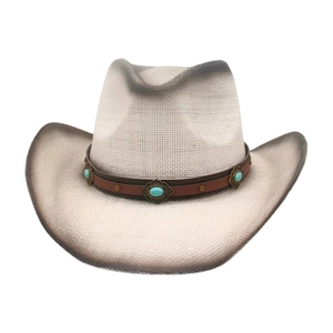 Western straw cowboy hat in beige with gradient brim and turquoise beaded leather band