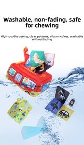 Washable baby sensory tissue box bus toy with colorful fabric pieces showing water resistance