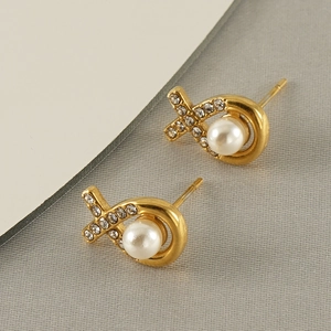 18K gold plated stainless steel pearl stud earrings with crystal accents in X-shape design