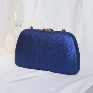 Elegante borsa da sera blu navy in PU con trama metallica e chiusura a foglia oro