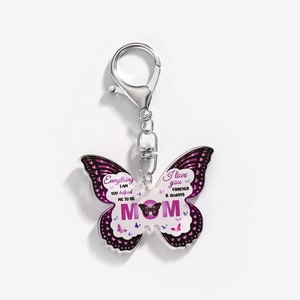 Detail of butterfly acrylic keychain with Mom I love you forever heart engraving