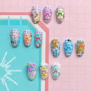 Detailed set of 12 press-on nails with 3D teddy bears and plaid pattern design