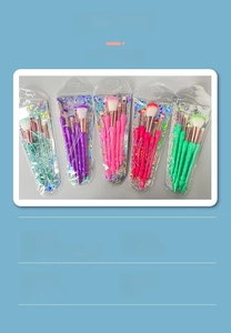 Detail of colorful unicorn style makeup brushes set with spiral handles in retail packaging