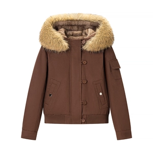 Women Hooded Winter Parka Jacket With Detachable Faux Fur Collar Fleece Lined Warm Short Bomber Outerwear Casual Solid