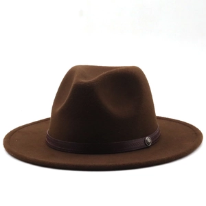 Close-up of deep brown wool fedora hat with a leather band and vintage metal buckle