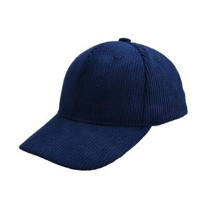 Detailed close-up showing the vertical ribbed texture of dark blue corduroy baseball cap