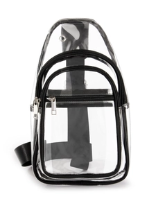 Waterproof clear PVC crossbody chest bag with black trim and dual zipper pockets