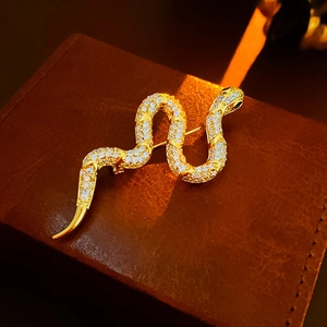 Detail of a gold-plated snake brooch with cubic zirconia on a luxury leather box