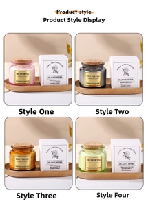 Detailed grid view of assorted soy wax candles in glass jars with natural cork stoppers