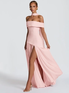 Sexy Polyester Spandex Off Shoulder Halter Maxi Dress With Side Slit Ribbon Streamer Elegant Party Banquet For Women