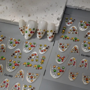 French style 3D nail art stickers with colorful rhinestones and gold lines Co-469
