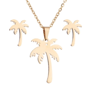 Bohemian gold coconut tree jewelry set featuring a palm leaf necklace and stud earrings