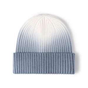 Winter gradient knit beanie with blue ombré thick ribbed texture for outdoor warmth
