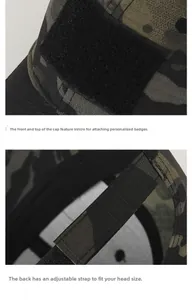 Detail of camouflage tactical cap featuring velcro patches and adjustable back strap