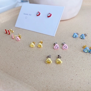 Colorful s925 silver heart stud earrings set with vibrant oil drip finish and cubic zirconia