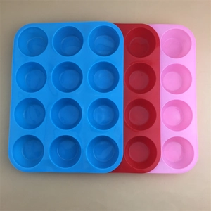 12-cup silicone muffin and cupcake baking molds in blue red and pink colors