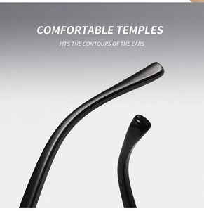 Macro shot of glossy black sunglass temples with comfortable ergonomic ear contour design