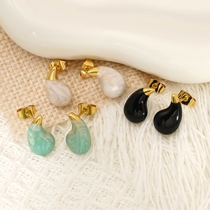 Bowknot Water Drop Stud Earrings 18K Gold Plated 304 Stainless Steel Titanium Post Waterproof Hypoallergenic Women