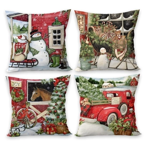 Set of 4 Christmas pillow covers with snowman and truck patterns in fine linen texture