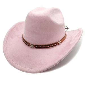 Detail of pink faux suede cowboy hat featuring brown leather band with silver star studs