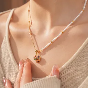 18k gold-plated beaded necklace with pearls and a multi-colored zircon heart pendant