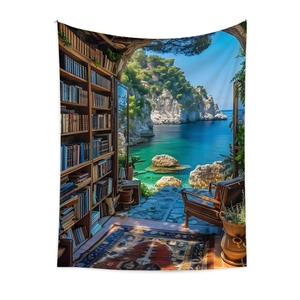Bohemian tapestry featuring a scenic library view overlooking the sea and white cliffs