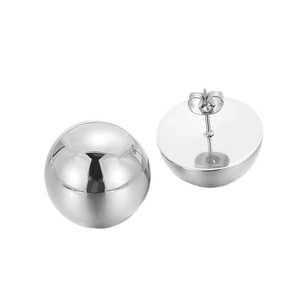 Polished stainless steel hollow hemisphere stud earrings for women with silver finish