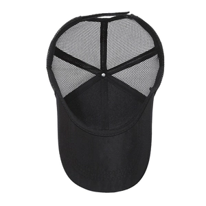 Internal view of black breathable mesh trucker hat with moisture-wicking sweatband