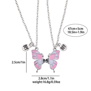 Detail of pink and purple enamel butterfly BFF pendant necklaces with size dimensions