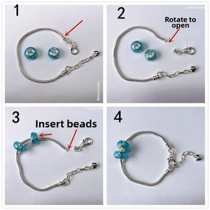 Detail showing the threaded opening of the silver snake chain and blue glass beads