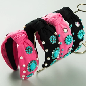 Bohemian Knotted Headband For Women Vintage Fabric Hair Band With Faux Artificial Pearls Turquoise Rhinestone High Top Hair Accessories