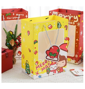 Christmas gift bags with transparent windows, festive tree patterns and silver handles