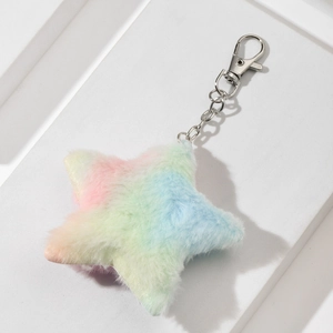 Gradient Rainbow Faux Fur Alloy Keychain Plush Heart Star Cat Butterfly Bag Charm For Women Girls Kawaii Key Ring Accessory