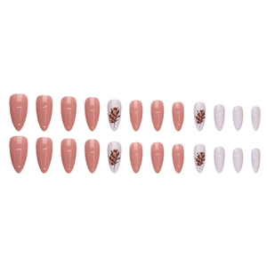Glossy almond press-on nails set in dusty rose and white with hand-painted leaf patterns