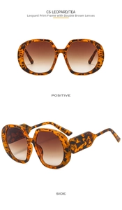 Detail view of large leopard frame sunglasses with gradient tea lenses in C6 style