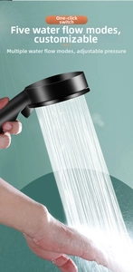 Detail showing high pressure water spray from matte black 5-mode handheld shower head
