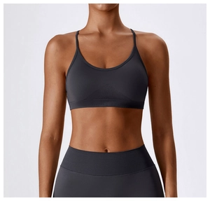 Detail of dark grey seamless yoga set showing ribbed texture and breathable mesh fabric