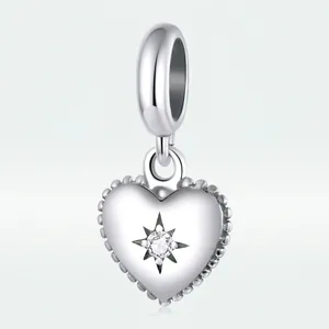 S925 sterling silver heart charm with starburst set cubic zirconia for bracelets