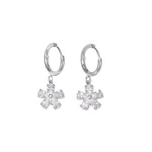 Silver flower drop hoop earrings with sparkling cubic zirconia crystals for women