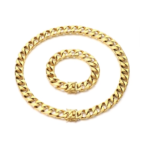 13mm gold plated stainless steel Cuban link necklace and bracelet set with dragon clasp